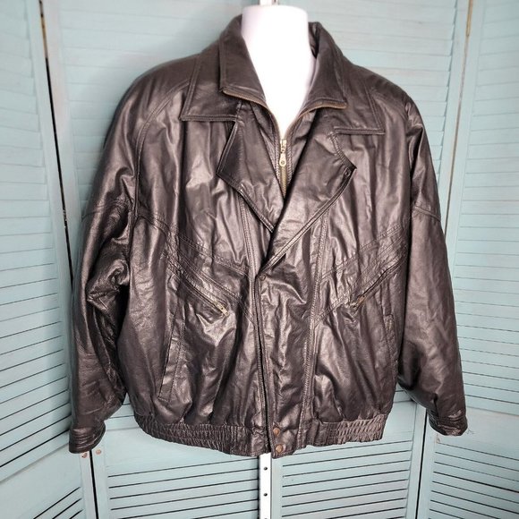 Phase 2 Bomber Leather Zip Up Jacket ~ Sz 3X ~ Black ~ Long Sleeve